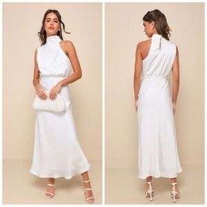 Lulus Distinctive Charm White Satin Asymmetrical Midi Dress size Large Bridal